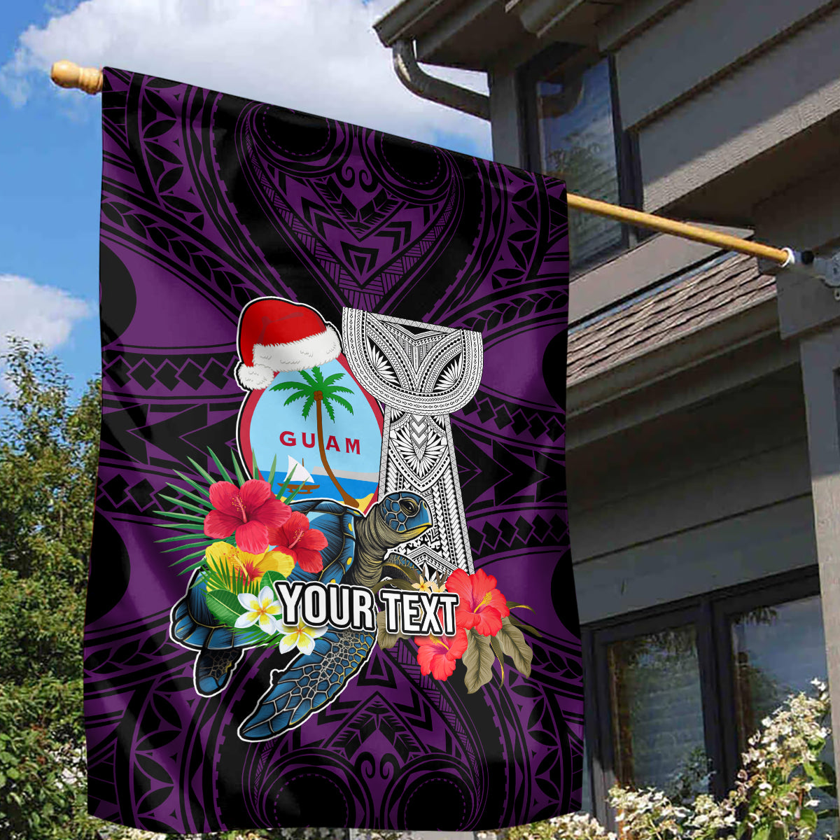 Custom Guam Christmas Garden Flag Santa Gift Latte Stone and Sea Turle Mix Hibiscus Chamorro Pink Style LT03 - Polynesian Pride
