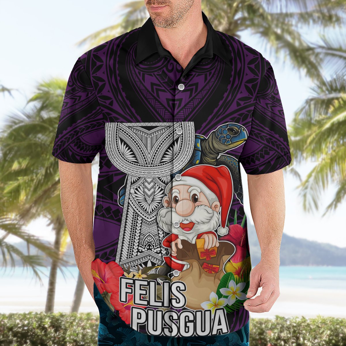 Custom Guam Christmas Hawaiian Shirt Santa Gift Latte Stone and Sea Turle Mix Hibiscus Chamorro Pink Style LT03 - Polynesian Pride