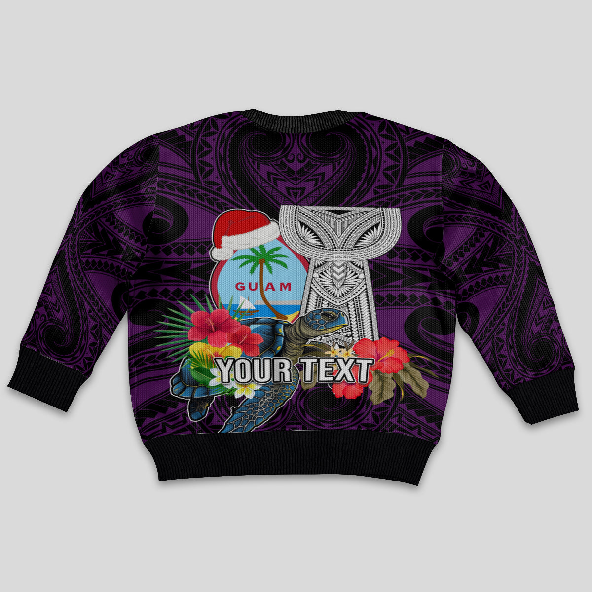 Custom Guam Christmas Kid Ugly Christmas Sweater Santa Gift Latte Stone and Sea Turle Mix Hibiscus Chamorro Pink Style LT03 - Polynesian Pride