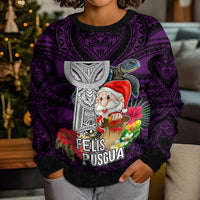 Custom Guam Christmas Kid Ugly Christmas Sweater Santa Gift Latte Stone and Sea Turle Mix Hibiscus Chamorro Pink Style LT03 - Polynesian Pride