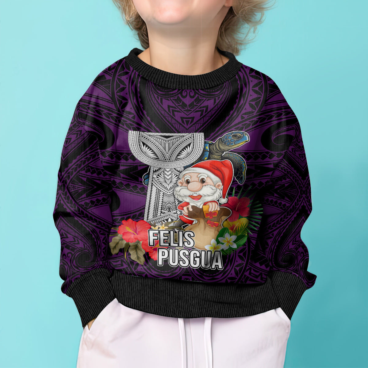 Custom Guam Christmas Kid Ugly Christmas Sweater Santa Gift Latte Stone and Sea Turle Mix Hibiscus Chamorro Pink Style LT03 - Polynesian Pride