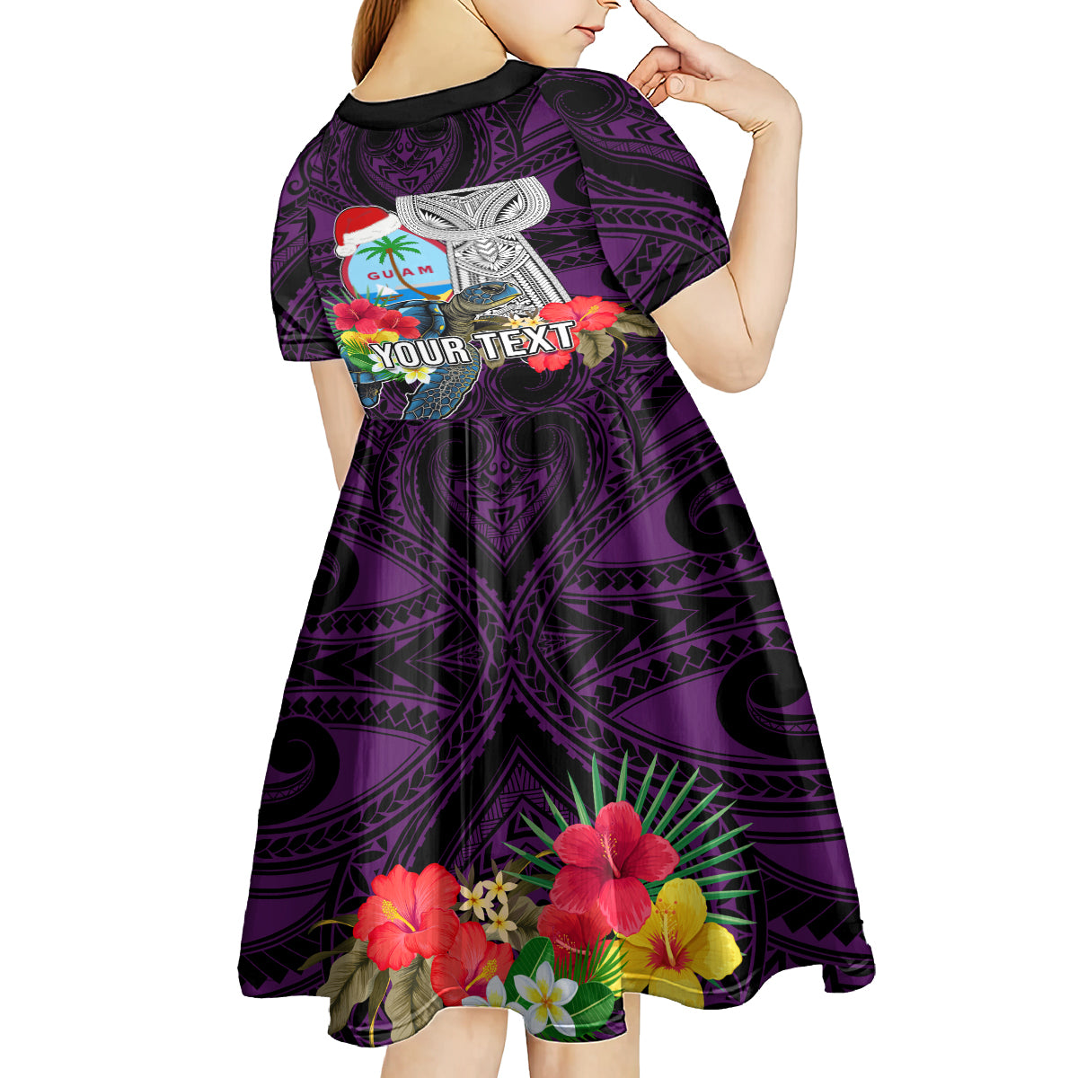 Custom Guam Christmas Kid Short Sleeve Dress Santa Gift Latte Stone and Sea Turle Mix Hibiscus Chamorro Pink Style LT03 - Polynesian Pride