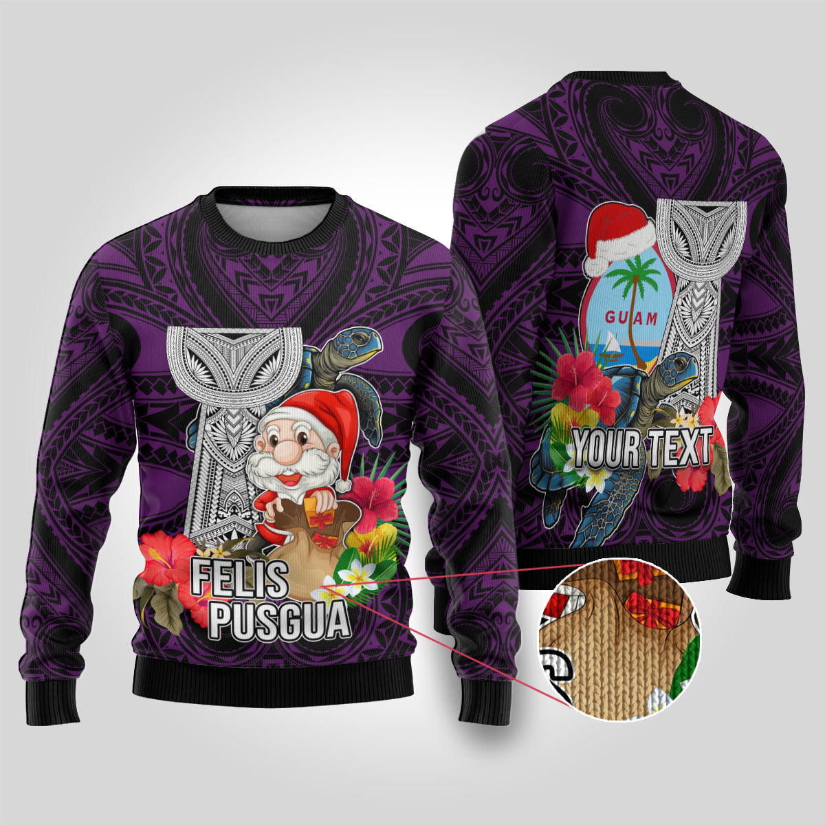 Custom Guam Christmas Ugly Christmas Sweater Santa Gift Latte Stone and Sea Turle Mix Hibiscus Chamorro Pink Style LT03 Pink - Polynesian Pride