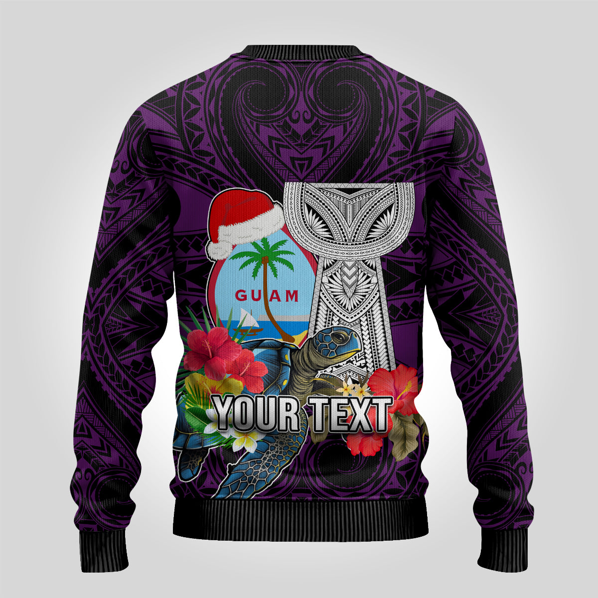 Custom Guam Christmas Ugly Christmas Sweater Santa Gift Latte Stone and Sea Turle Mix Hibiscus Chamorro Pink Style LT03 - Polynesian Pride
