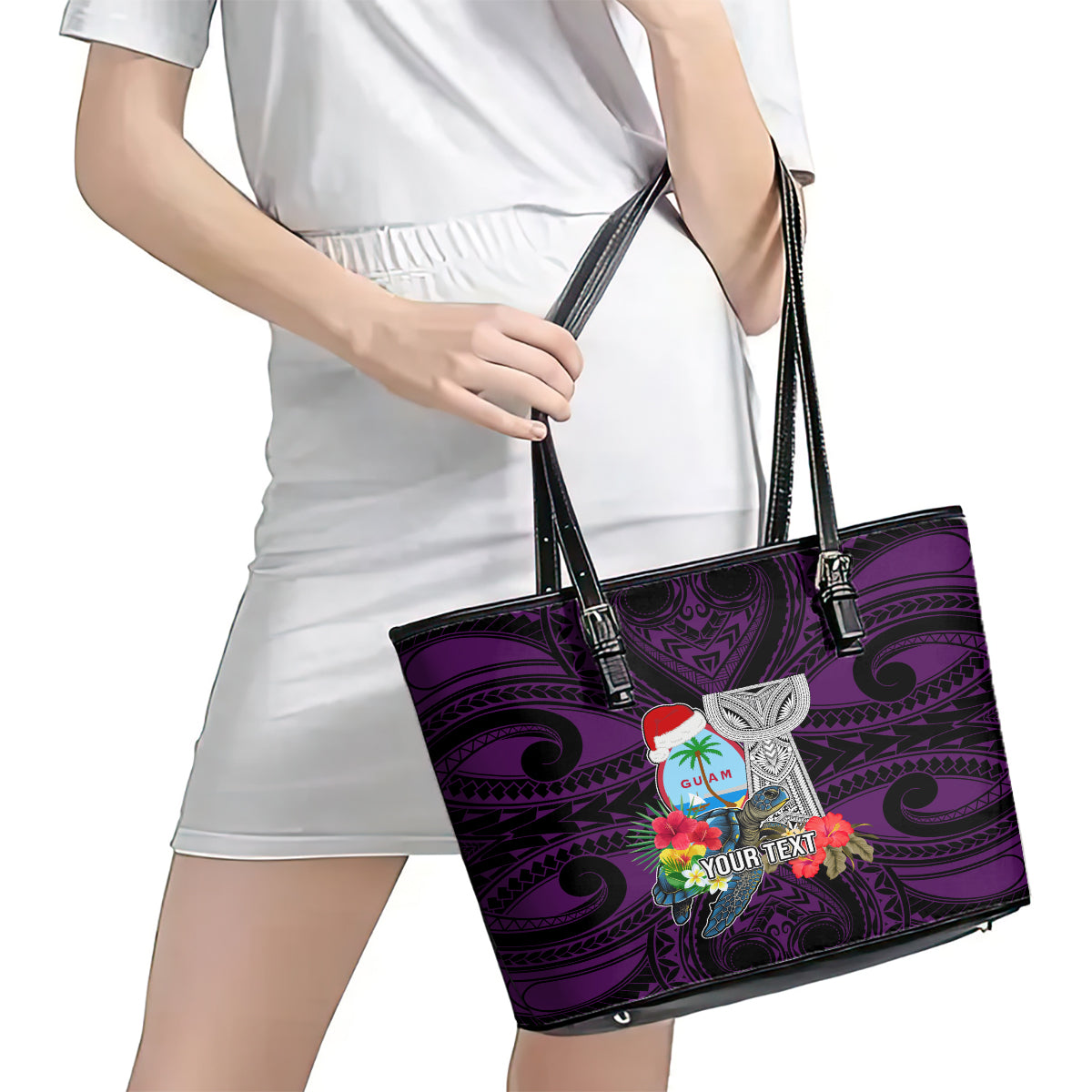 Custom Guam Christmas Leather Tote Bag Santa Gift Latte Stone and Sea Turle Mix Hibiscus Chamorro Pink Style LT03 - Polynesian Pride