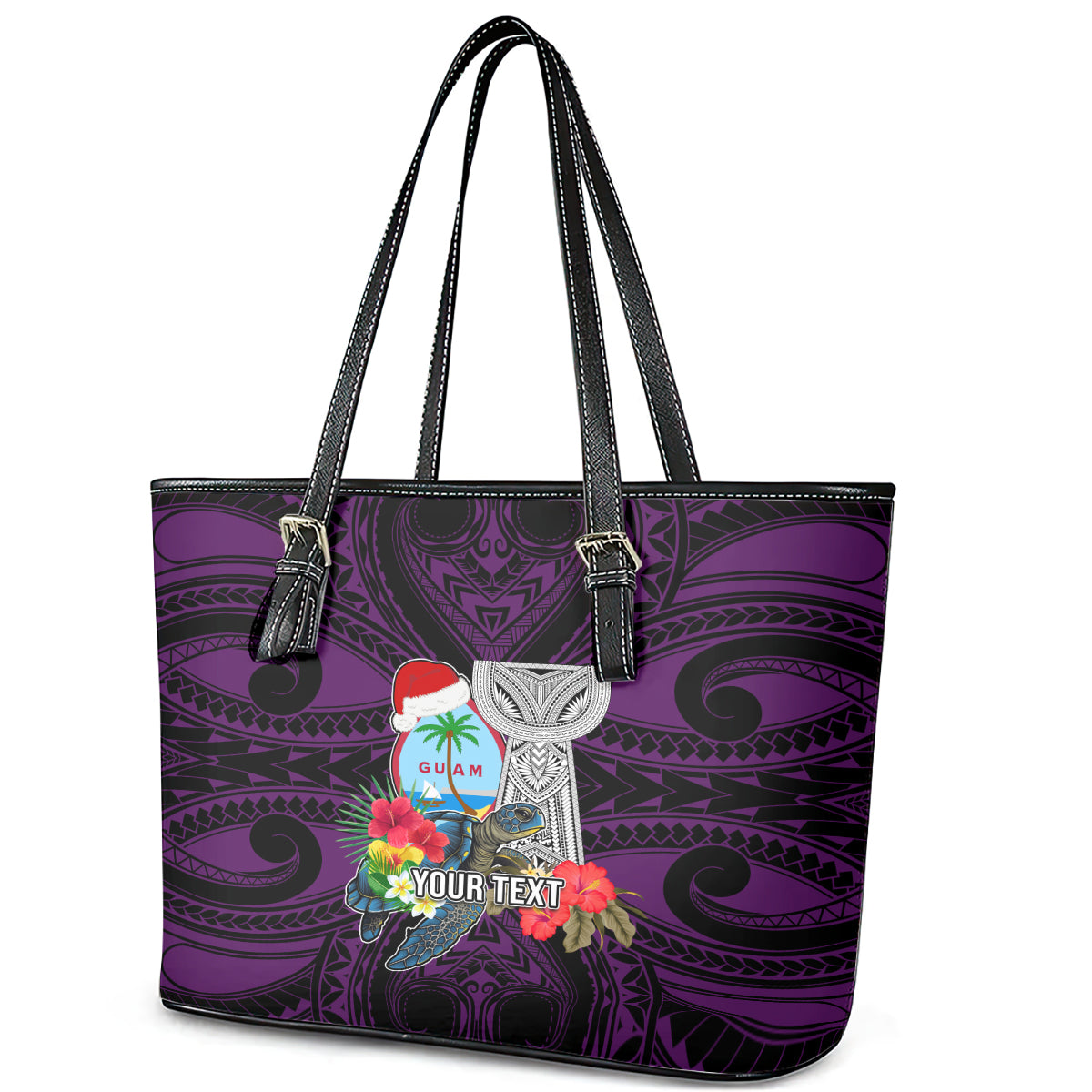 Custom Guam Christmas Leather Tote Bag Santa Gift Latte Stone and Sea Turle Mix Hibiscus Chamorro Pink Style LT03 - Polynesian Pride