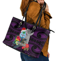 Custom Guam Christmas Leather Tote Bag Santa Gift Latte Stone and Sea Turle Mix Hibiscus Chamorro Pink Style LT03 - Polynesian Pride