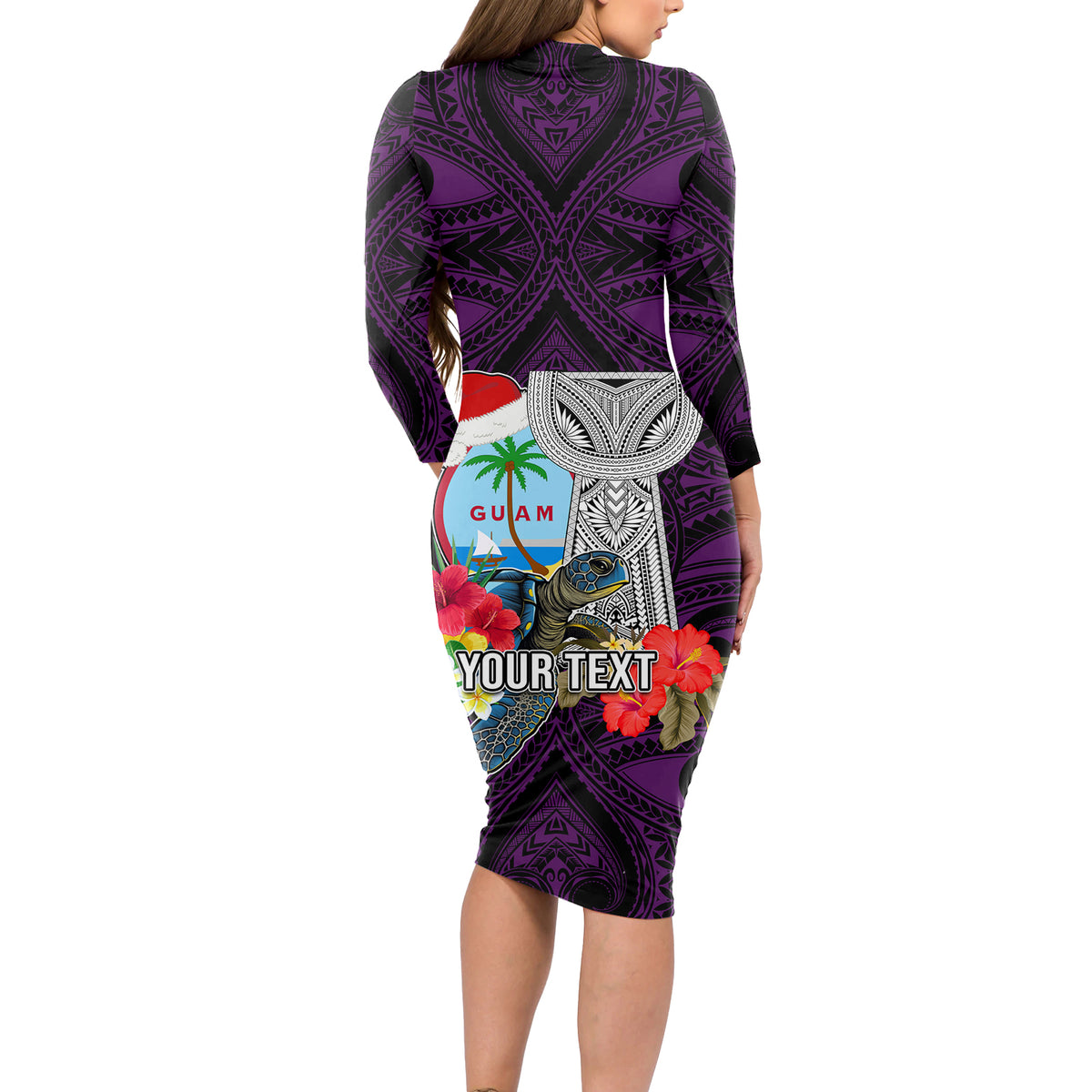 Custom Guam Christmas Long Sleeve Bodycon Dress Santa Gift Latte Stone and Sea Turle Mix Hibiscus Chamorro Pink Style LT03 - Polynesian Pride