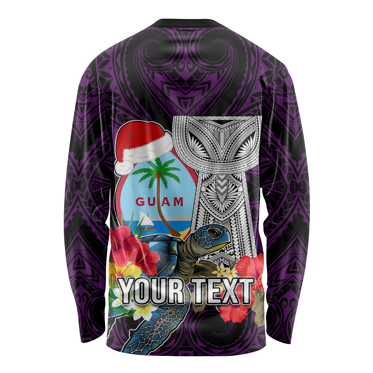Custom Guam Christmas Long Sleeve Shirt Santa Gift Latte Stone and Sea Turle Mix Hibiscus Chamorro Pink Style LT03 - Polynesian Pride