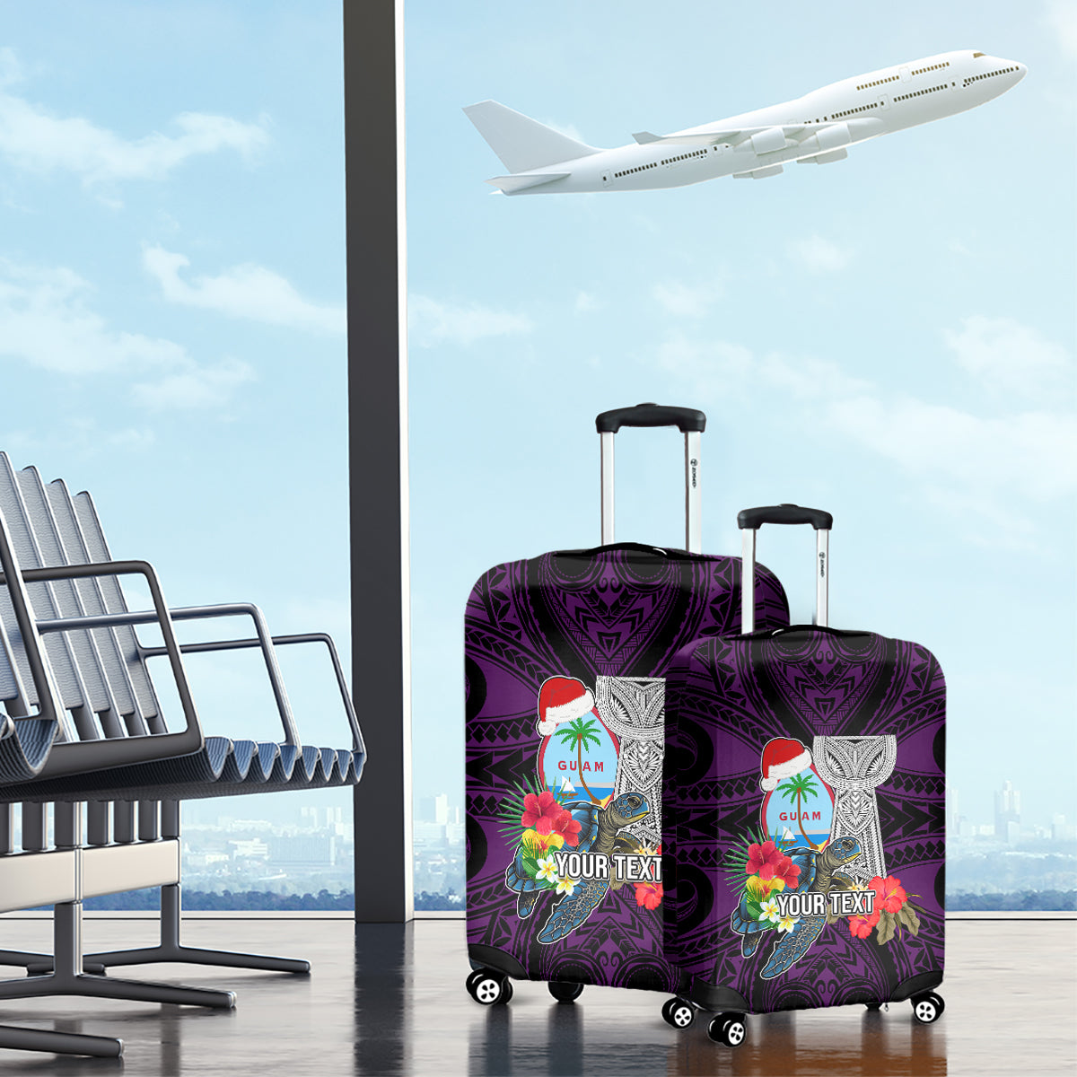 Custom Guam Christmas Luggage Cover Santa Gift Latte Stone and Sea Turle Mix Hibiscus Chamorro Pink Style LT03 - Polynesian Pride