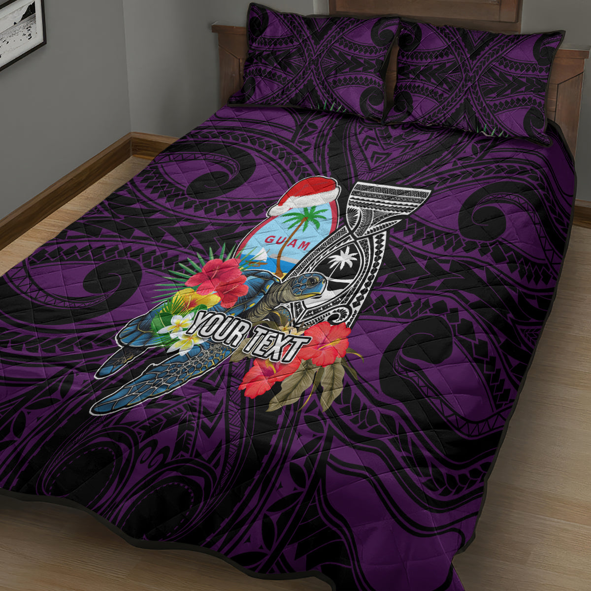 Custom Guam Christmas Quilt Bed Set Santa Gift Latte Stone and Sea Turle Mix Hibiscus Chamorro Pink Style LT03