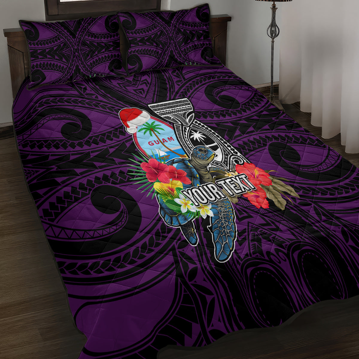 Custom Guam Christmas Quilt Bed Set Santa Gift Latte Stone and Sea Turle Mix Hibiscus Chamorro Pink Style LT03