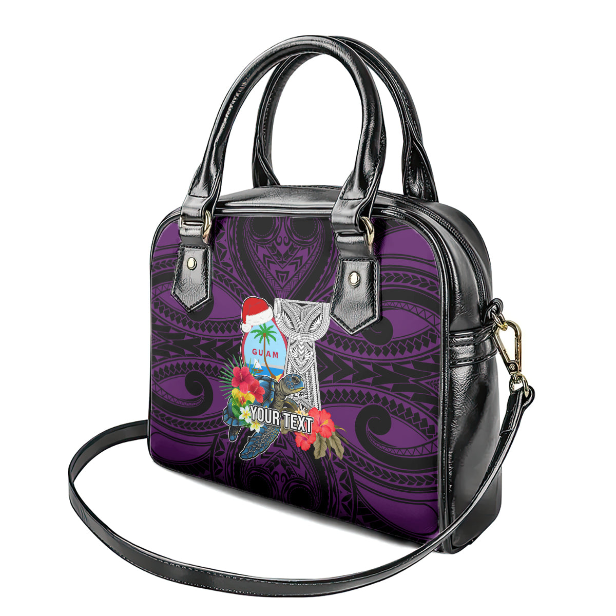 Custom Guam Christmas Shoulder Handbag Santa Gift Latte Stone and Sea Turle Mix Hibiscus Chamorro Pink Style LT03