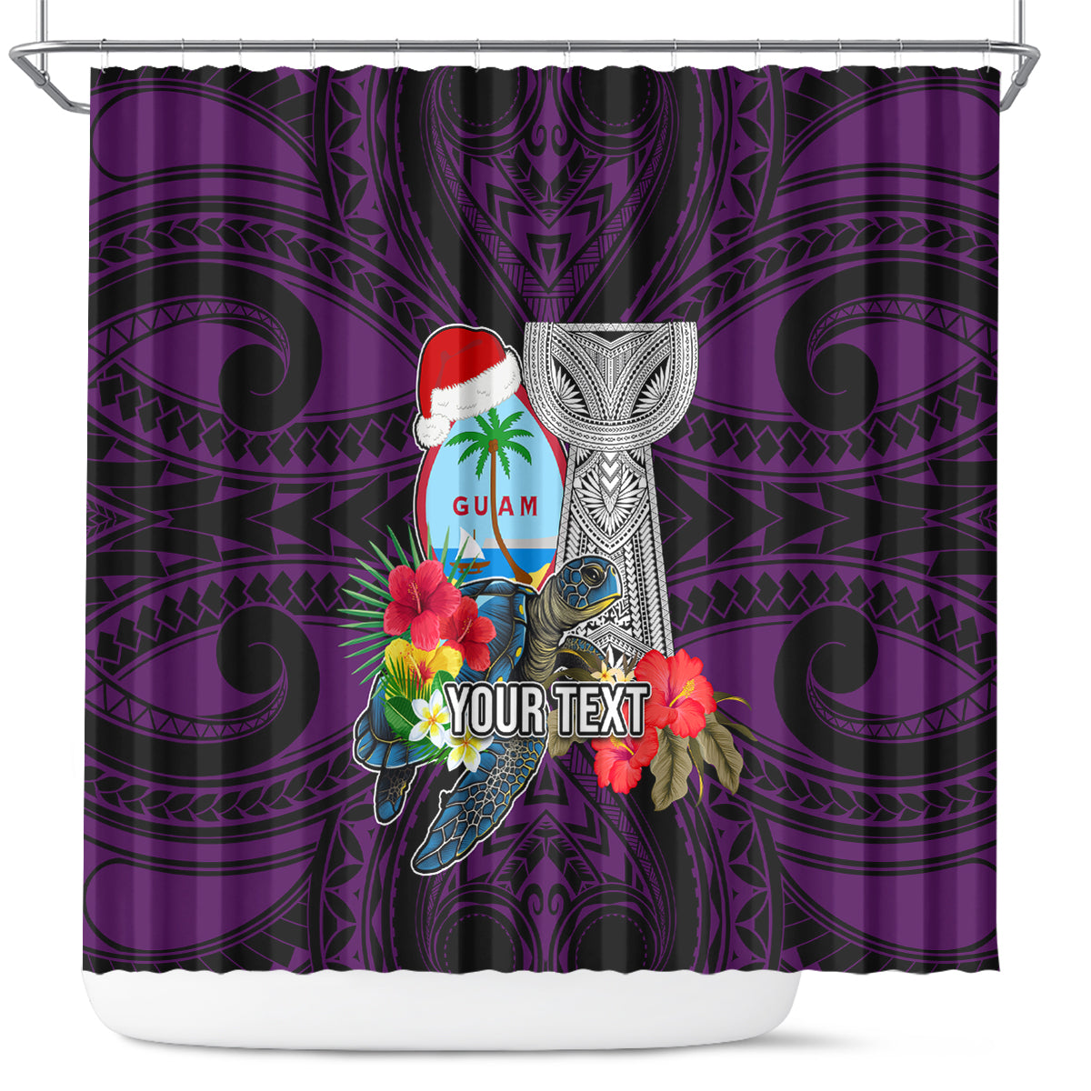 Custom Guam Christmas Shower Curtain Santa Gift Latte Stone and Sea Turle Mix Hibiscus Chamorro Pink Style LT03 Pink - Polynesian Pride