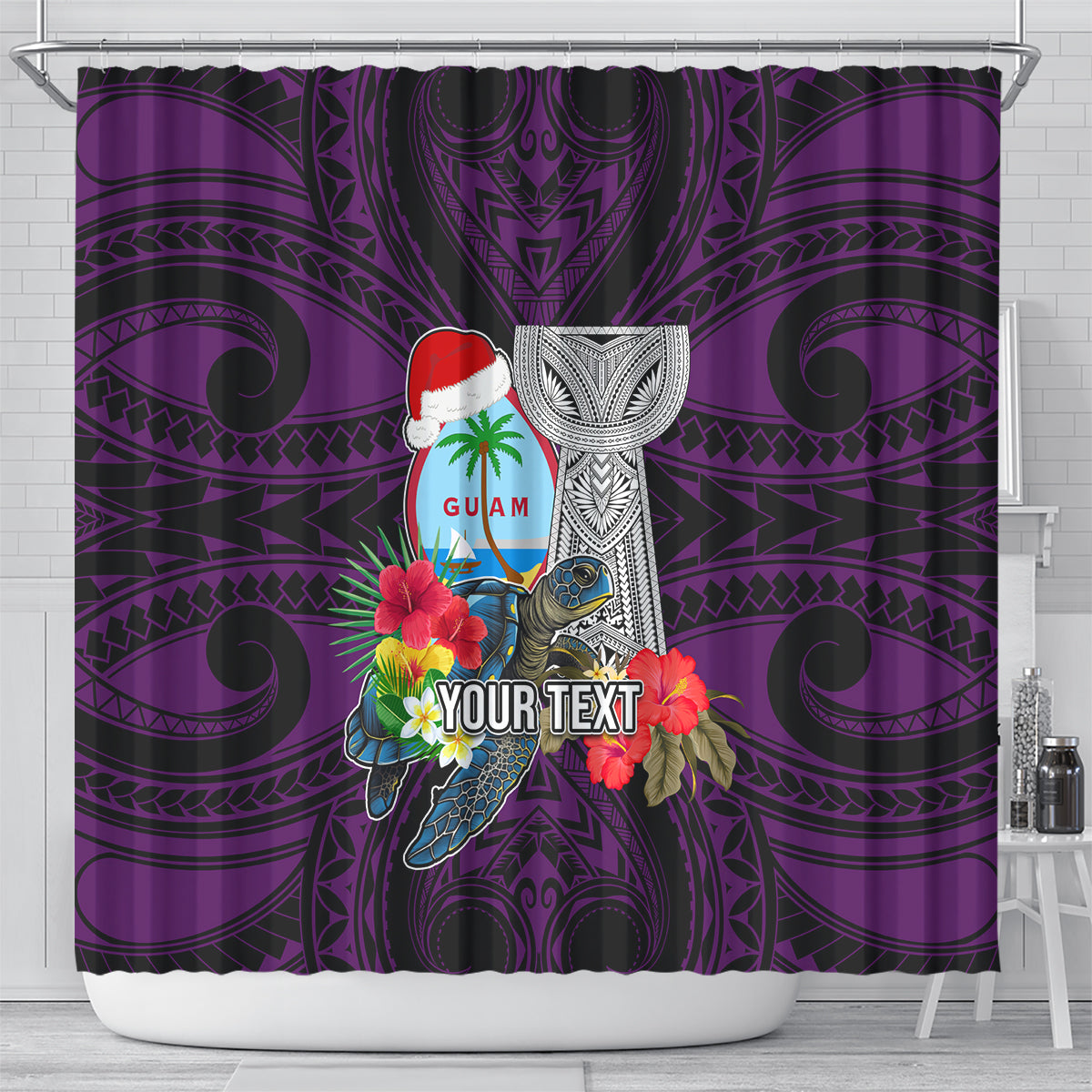 Custom Guam Christmas Shower Curtain Santa Gift Latte Stone and Sea Turle Mix Hibiscus Chamorro Pink Style LT03 - Polynesian Pride