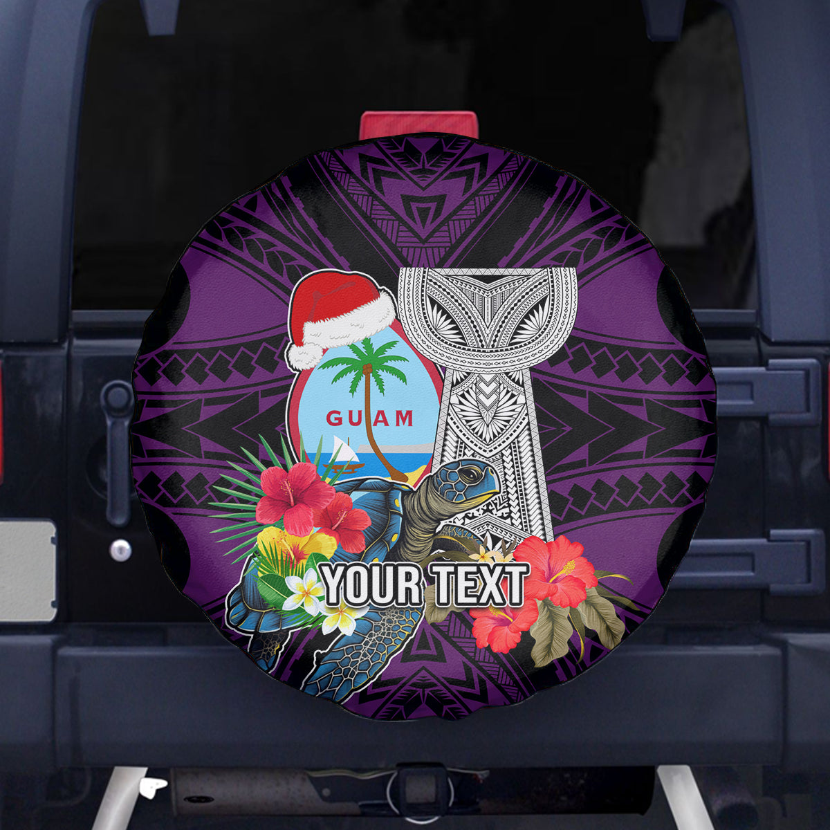 Custom Guam Christmas Spare Tire Cover Santa Gift Latte Stone and Sea Turle Mix Hibiscus Chamorro Pink Style LT03 - Polynesian Pride