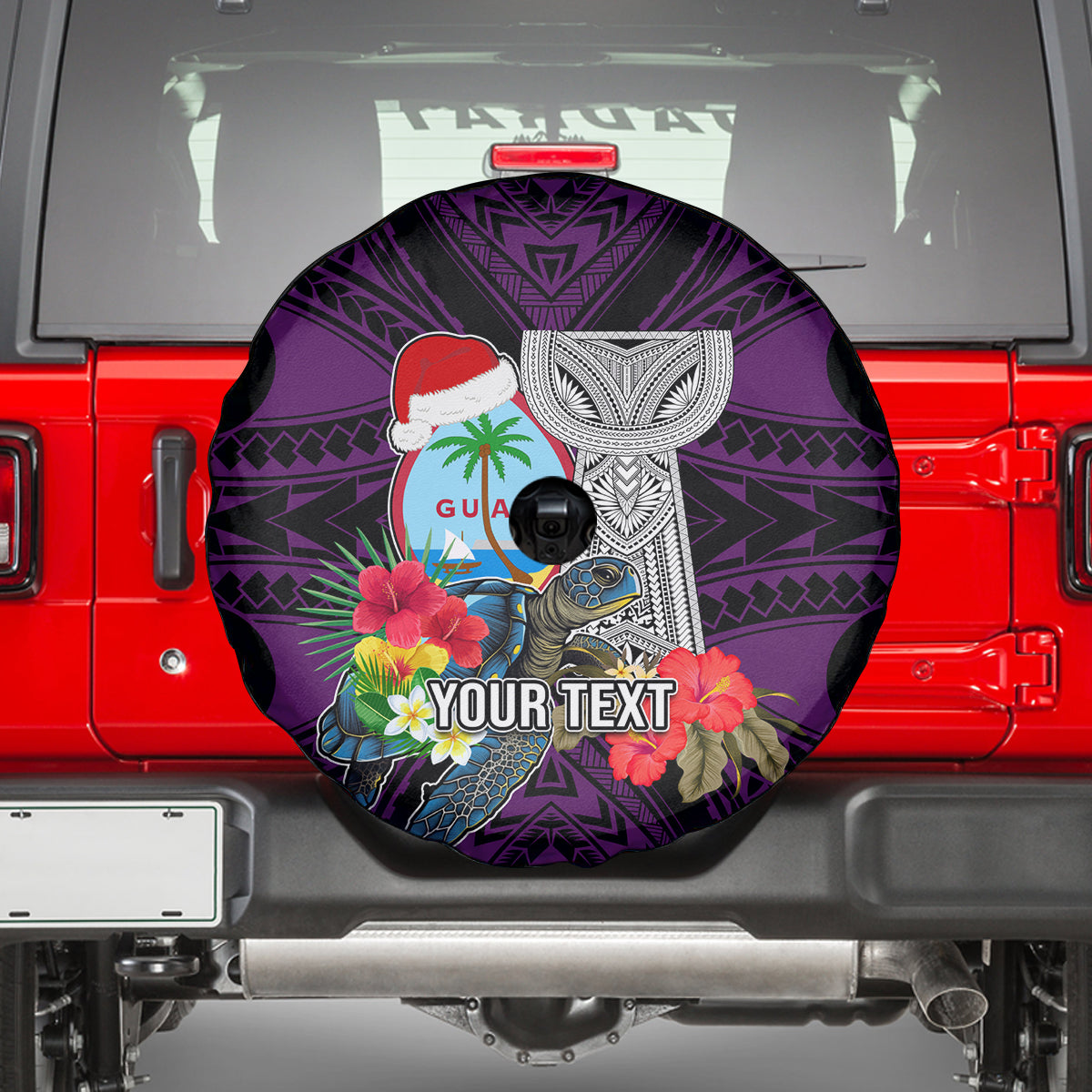 Custom Guam Christmas Spare Tire Cover Santa Gift Latte Stone and Sea Turle Mix Hibiscus Chamorro Pink Style LT03 - Polynesian Pride