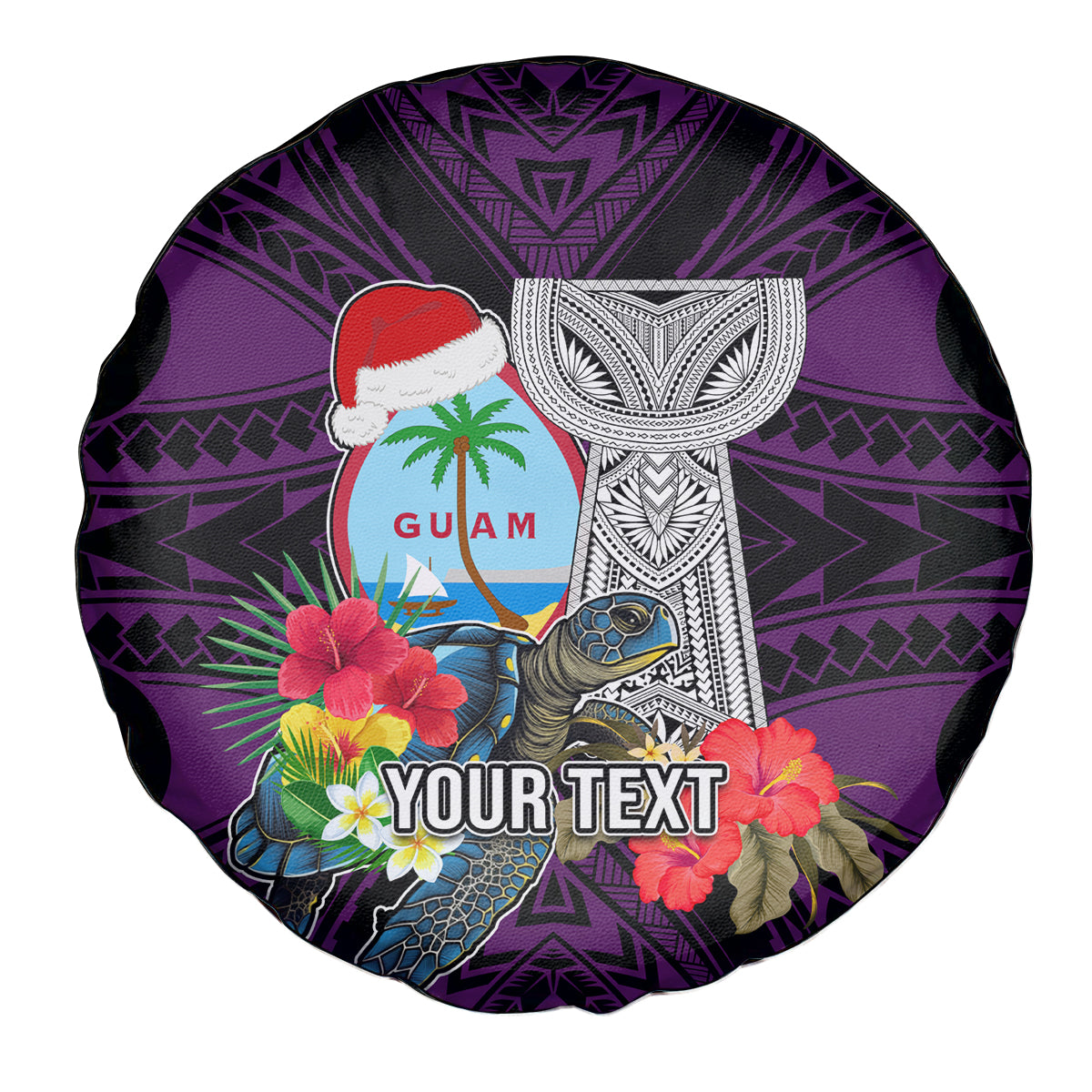 Custom Guam Christmas Spare Tire Cover Santa Gift Latte Stone and Sea Turle Mix Hibiscus Chamorro Pink Style LT03 - Polynesian Pride