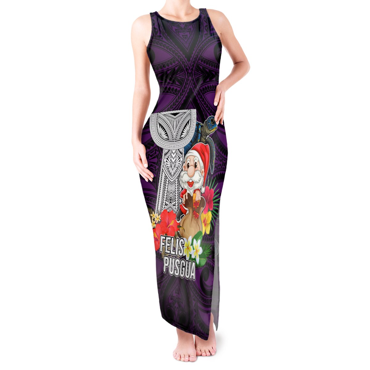 Custom Guam Christmas Tank Maxi Dress Santa Gift Latte Stone and Sea Turle Mix Hibiscus Chamorro Pink Style LT03 Women Pink - Polynesian Pride