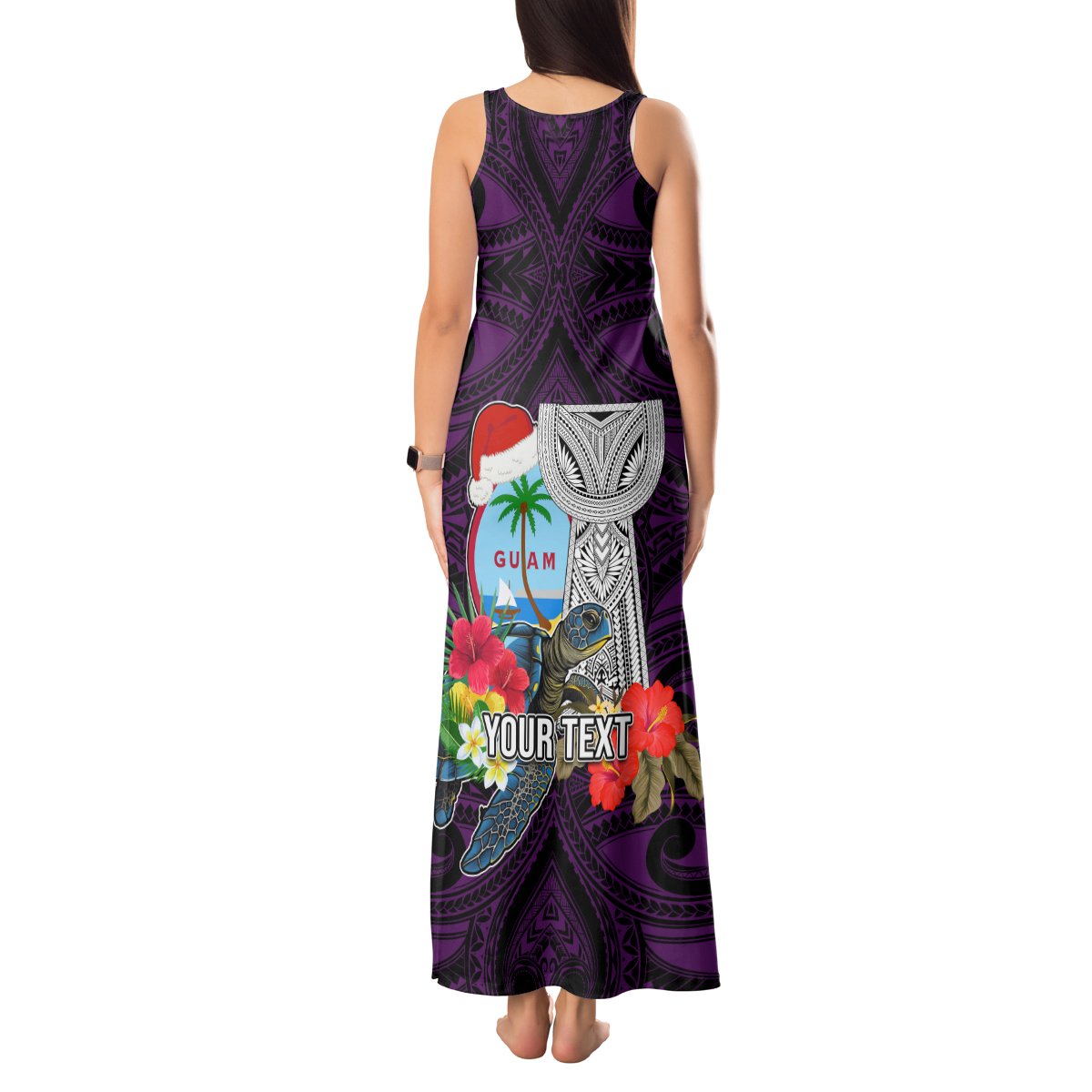 Custom Guam Christmas Tank Maxi Dress Santa Gift Latte Stone and Sea Turle Mix Hibiscus Chamorro Pink Style LT03 - Polynesian Pride
