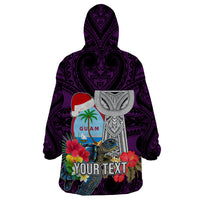 Custom Guam Christmas Wearable Blanket Hoodie Santa Gift Latte Stone and Sea Turle Mix Hibiscus Chamorro Pink Style LT03 - Polynesian Pride