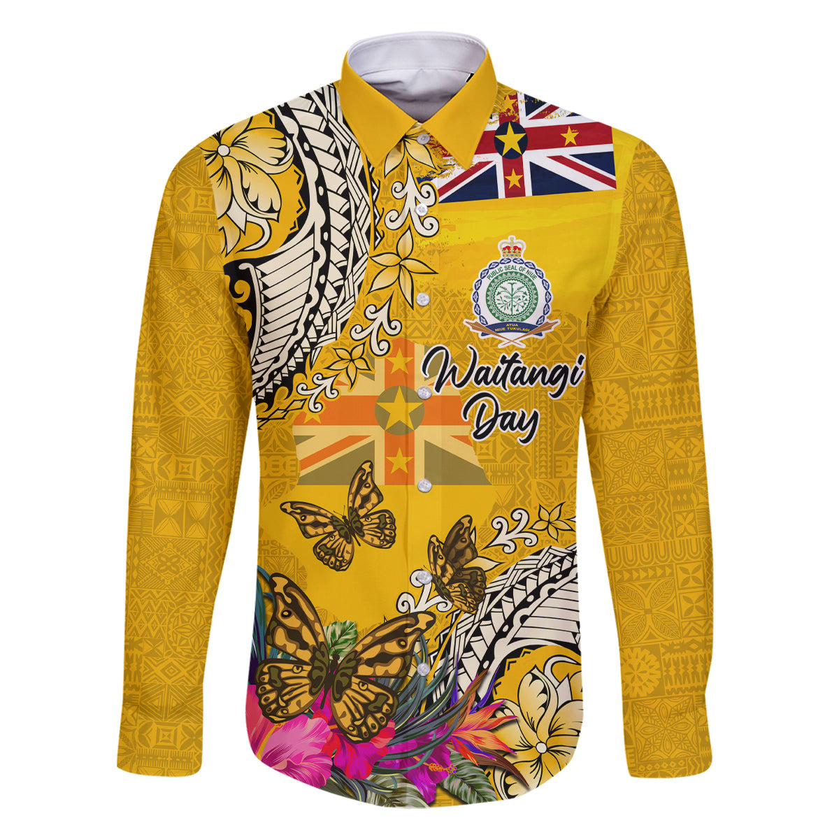 Niue Waitangi Family Matching Off Shoulder Long Sleeve Dress and Hawaiian Shirt Tropical Flower Tapa Pattern LT03 Dad's Shirt - Long Sleeve Yellow - Polynesian Pride