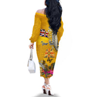 Niue Waitangi Family Matching Off Shoulder Long Sleeve Dress and Hawaiian Shirt Tropical Flower Tapa Pattern LT03 - Polynesian Pride