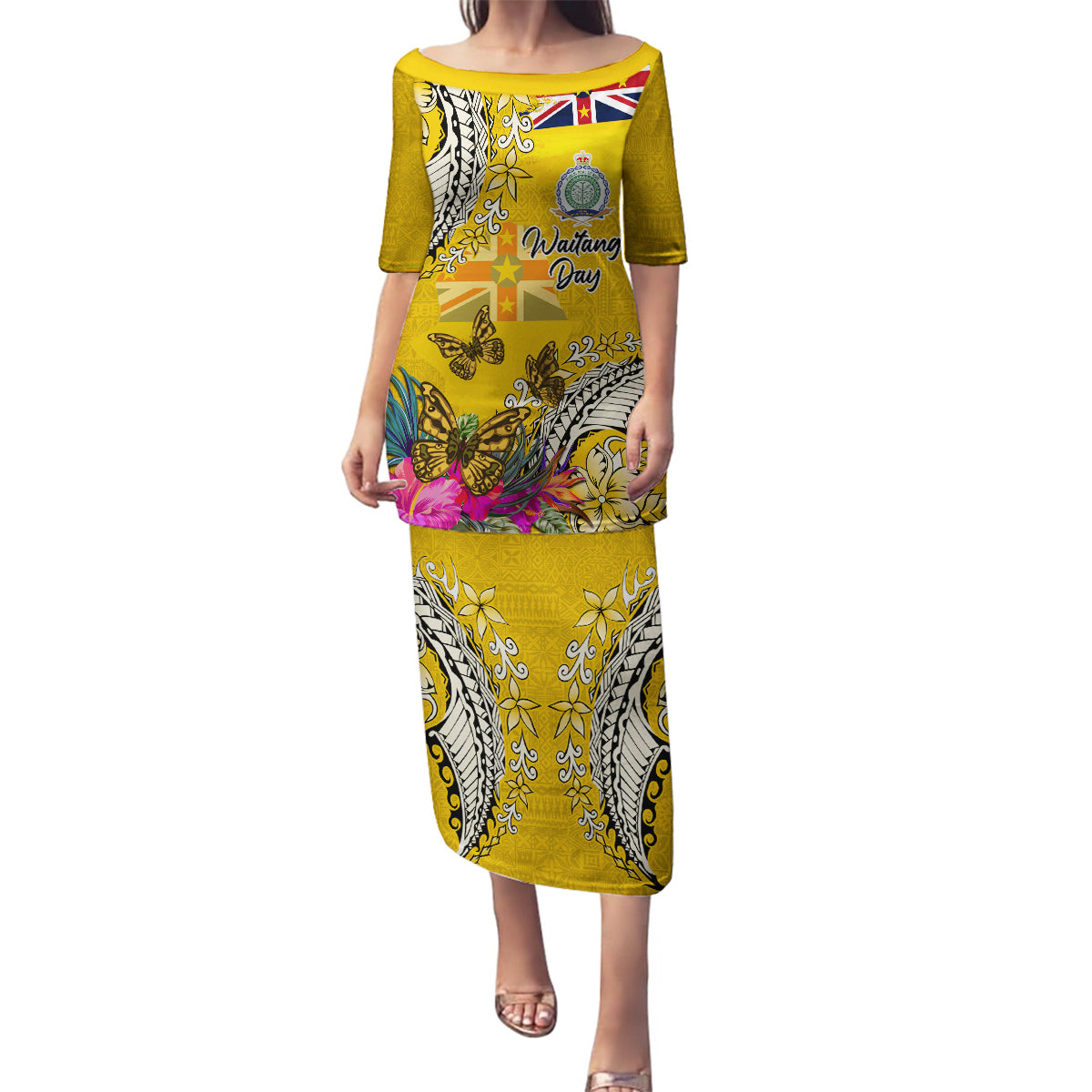 Niue Waitangi Family Matching Puletasi and Hawaiian Shirt Tropical Flower Tapa Pattern LT03 Mom's Dress Yellow - Polynesian Pride