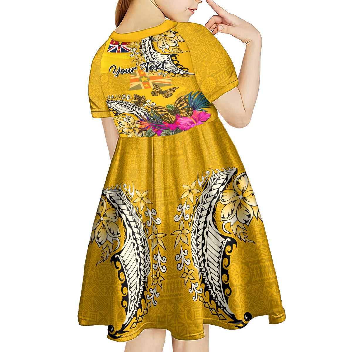 Niue Waitangi Kid Short Sleeve Dress Tropical Flower Tapa Pattern LT03 - Polynesian Pride