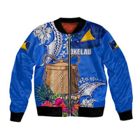Tokelau Waitangi Bomber Jacket Tropical Flower Tapa Pattern LT03 Unisex Blue - Polynesian Pride