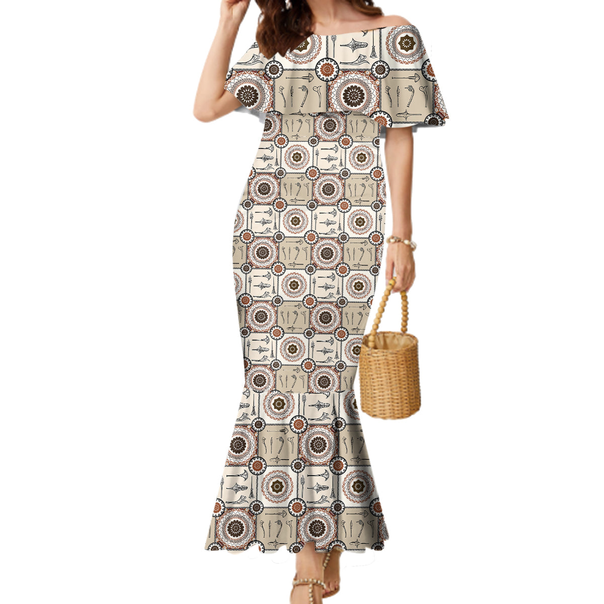 Tukenny Pattern Fijian War Clubs Family Matching Mermaid Dress and Hawaiian Shirt LT03 Mom's Dress Beige - Polynesian Pride