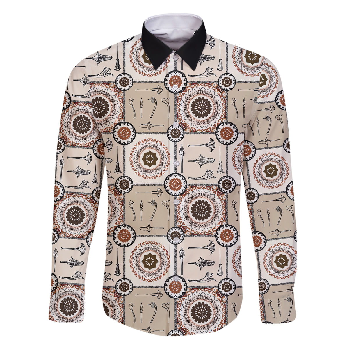 Tukenny Pattern Fijian War Clubs Family Matching Short Sleeve Bodycon Dress and Hawaiian Shirt LT03 Dad's Shirt - Long Sleeve Beige - Polynesian Pride