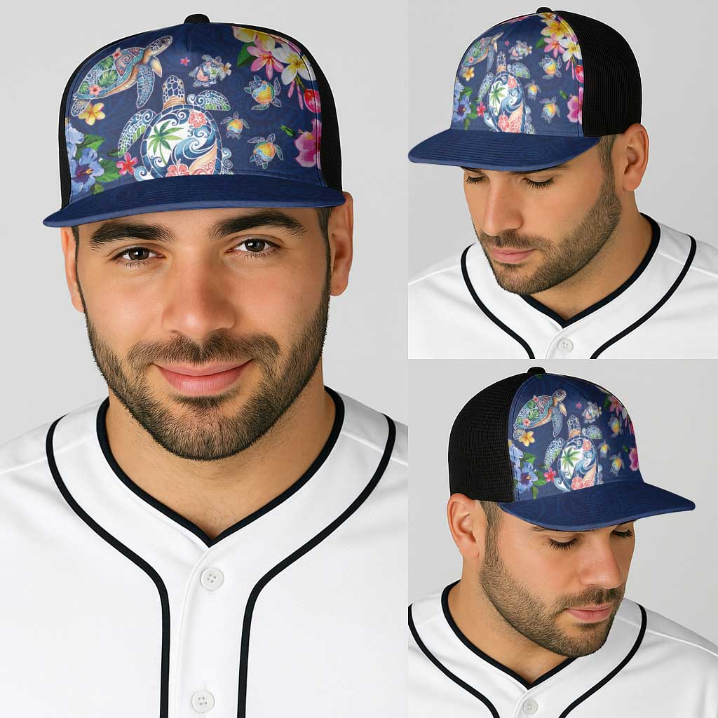 Hawaiian Turtles and Tropical Plants Baseball Net Cap Blue Watercolor LT03 - Polynesian Pride