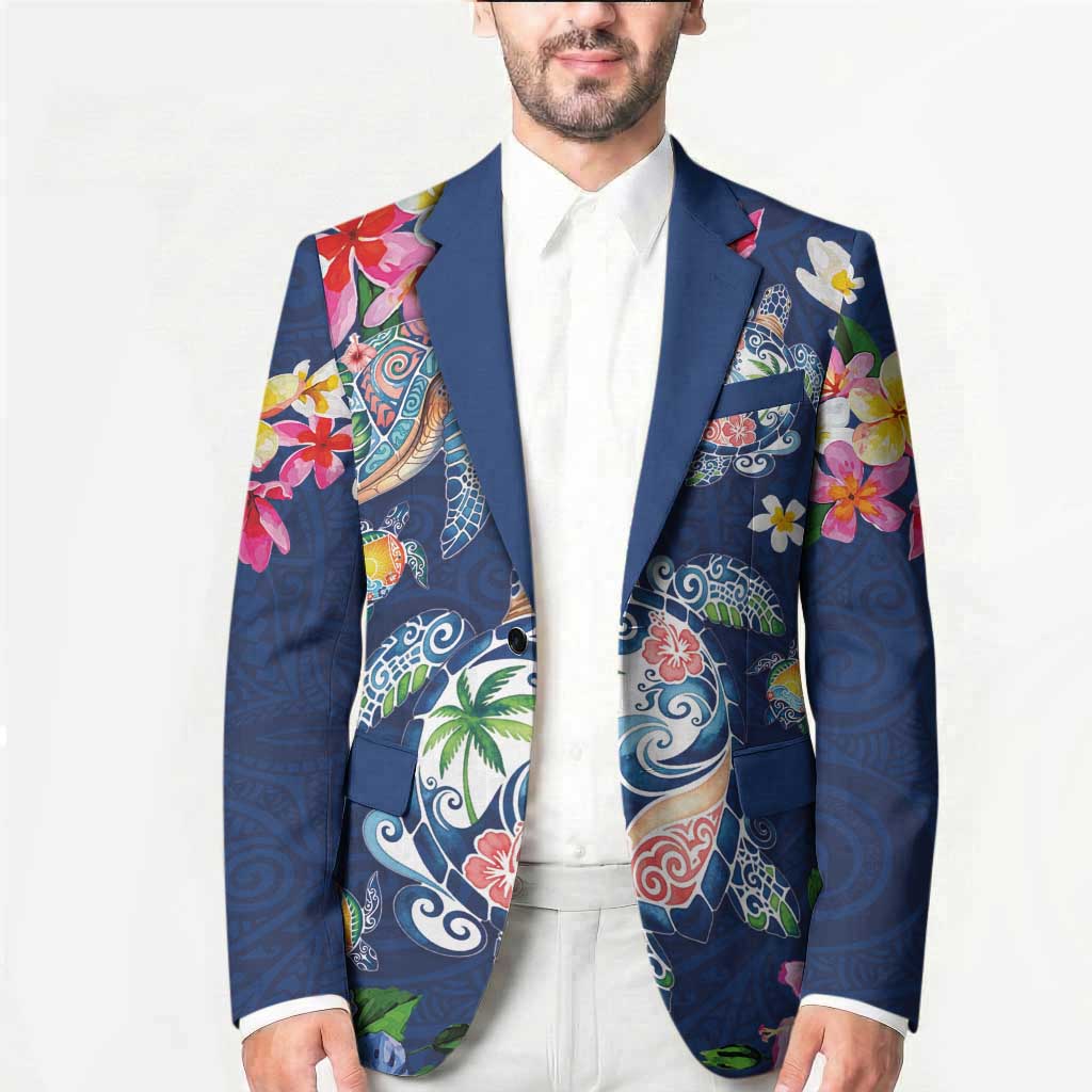Hawaiian Turtles and Tropical Plants Blazer Blue Watercolor