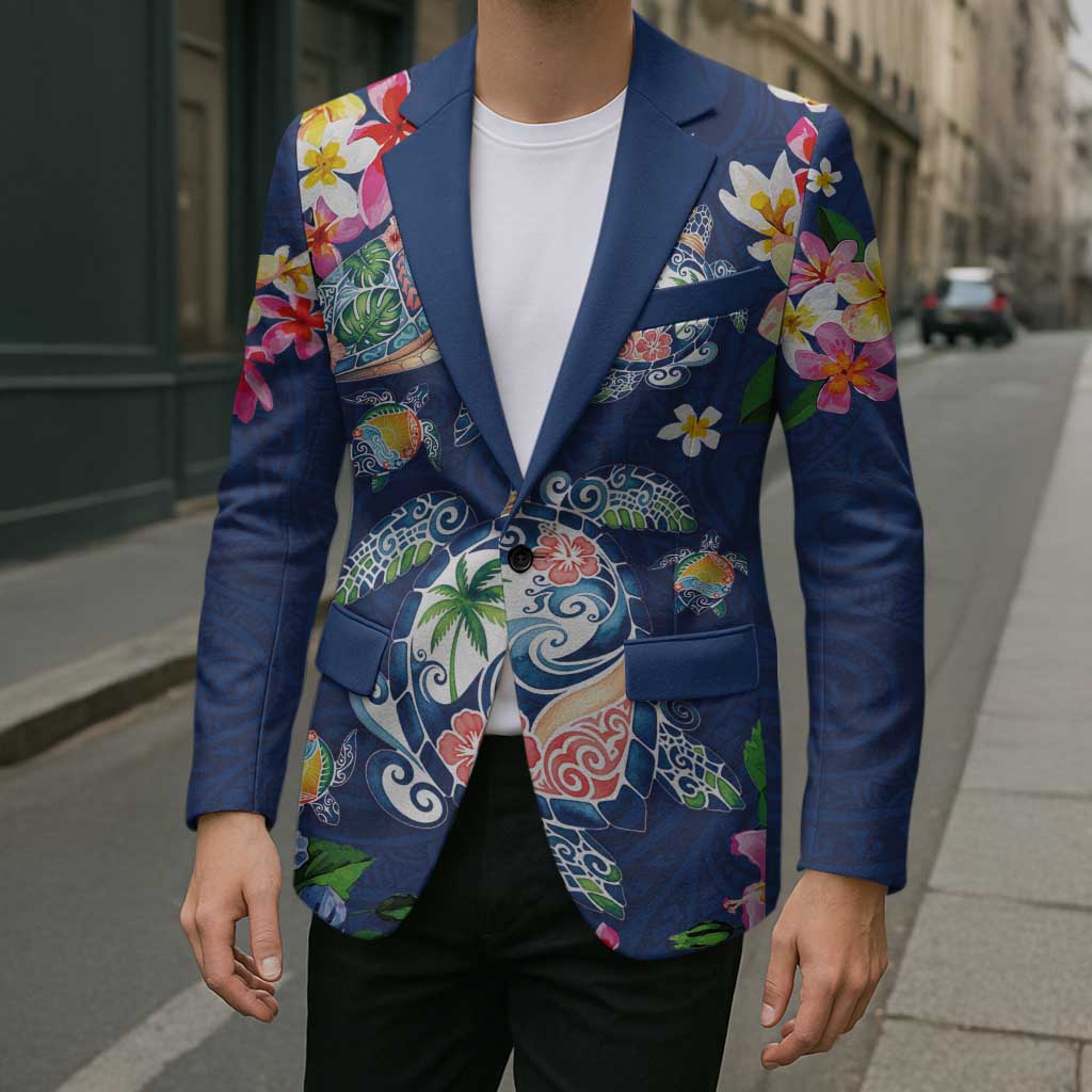 Hawaiian Turtles and Tropical Plants Blazer Blue Watercolor