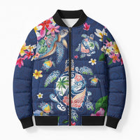 Hawaiian Turtles and Tropical Plants Bomber Puffer Jacket Blue Watercolor