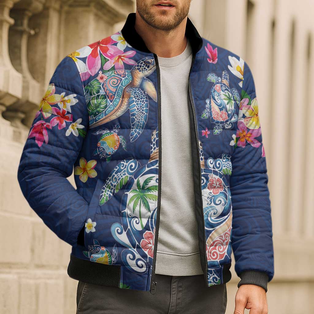 Hawaiian Turtles and Tropical Plants Bomber Puffer Jacket Blue Watercolor