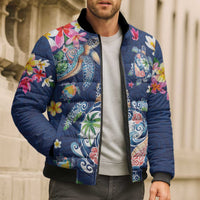 Hawaiian Turtles and Tropical Plants Bomber Puffer Jacket Blue Watercolor