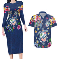 Hawaiian Turtles and Tropical Plants Couples Matching Long Sleeve Bodycon Dress and Hawaiian Shirt Blue Watercolor LT03 Blue - Polynesian Pride