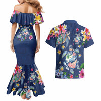 Hawaiian Turtles and Tropical Plants Couples Matching Mermaid Dress and Hawaiian Shirt Blue Watercolor LT03 - Polynesian Pride