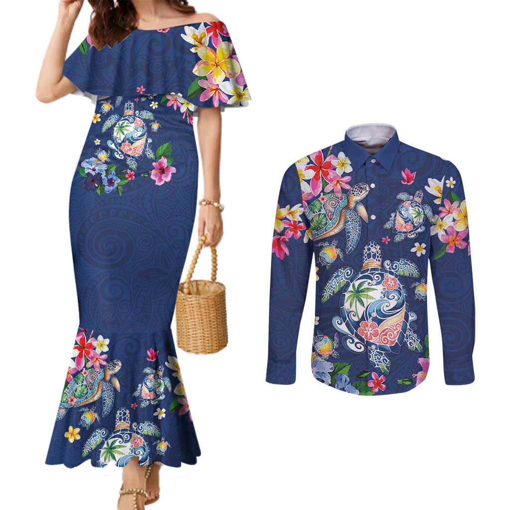 Hawaiian Turtles and Tropical Plants Couples Matching Mermaid Dress and Long Sleeve Button Shirt Blue Watercolor LT03 Blue - Polynesian Pride