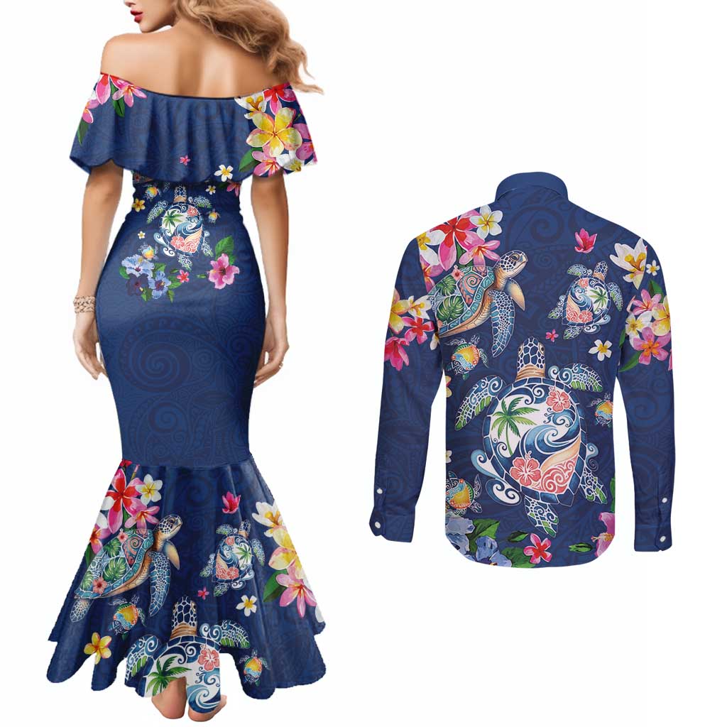 Hawaiian Turtles and Tropical Plants Couples Matching Mermaid Dress and Long Sleeve Button Shirt Blue Watercolor LT03 - Polynesian Pride