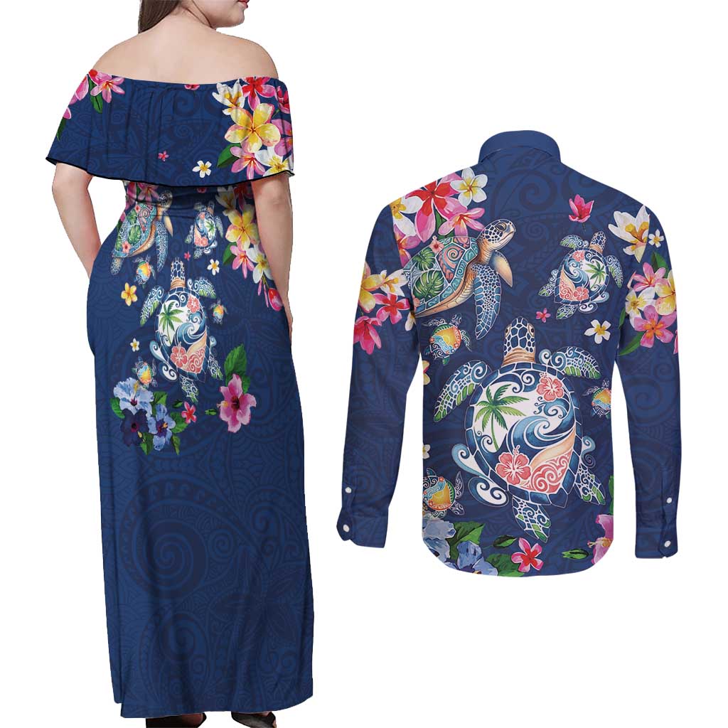 Hawaiian Turtles and Tropical Plants Couples Matching Off Shoulder Maxi Dress and Long Sleeve Button Shirt Blue Watercolor LT03 - Polynesian Pride