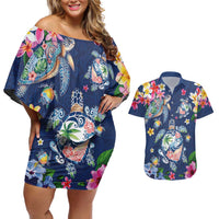Hawaiian Turtles and Tropical Plants Couples Matching Off Shoulder Short Dress and Hawaiian Shirt Blue Watercolor LT03 Blue - Polynesian Pride