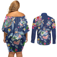 Hawaiian Turtles and Tropical Plants Couples Matching Off Shoulder Short Dress and Long Sleeve Button Shirt Blue Watercolor LT03 - Polynesian Pride