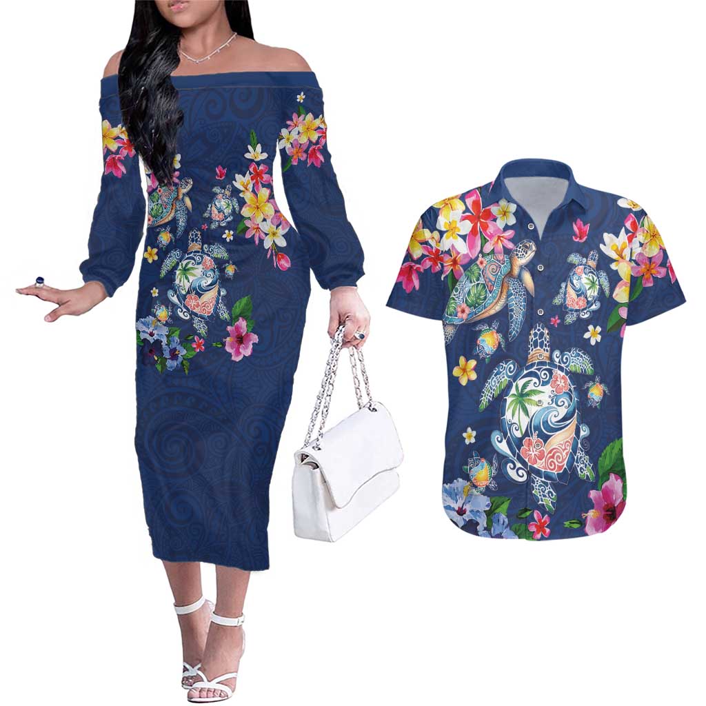 Hawaiian Turtles and Tropical Plants Couples Matching Off The Shoulder Long Sleeve Dress and Hawaiian Shirt Blue Watercolor
