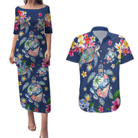 Hawaiian Turtles and Tropical Plants Couples Matching Puletasi and Hawaiian Shirt Blue Watercolor LT03 Blue - Polynesian Pride