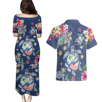 Hawaiian Turtles and Tropical Plants Couples Matching Puletasi and Hawaiian Shirt Blue Watercolor LT03 - Polynesian Pride