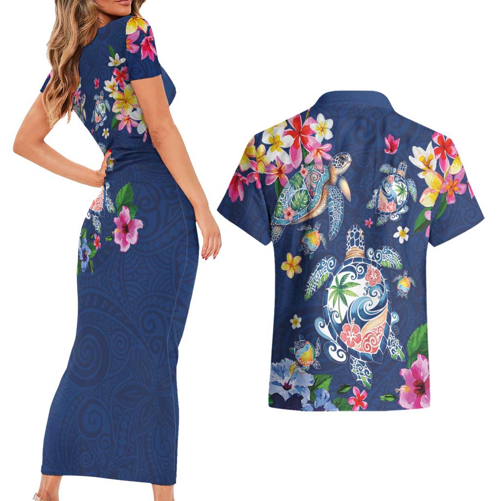 Hawaiian Turtles and Tropical Plants Couples Matching Short Sleeve Bodycon Dress and Hawaiian Shirt Blue Watercolor LT03 - Polynesian Pride