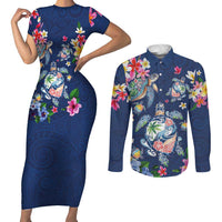Hawaiian Turtles and Tropical Plants Couples Matching Short Sleeve Bodycon Dress and Long Sleeve Button Shirt Blue Watercolor LT03 Blue - Polynesian Pride